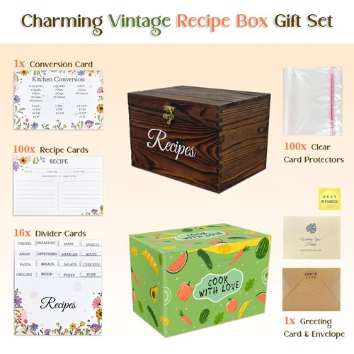 OurWarm Wooden Recipe Box with Cards and Dividers, 4x7 Recipe Box to Write in Your Own Recipes, Gift for Housewarming Grandma Mom Wedding Bridal Shower, Includes 100 4x6 Recipe Cards and 16 Dividers