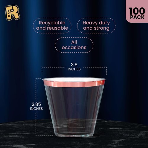 100 Pack Rose Gold Cups For Party - Plastic Cups 9 oz - Party Cups Disposable - Premium Heavy Duty Rose Gold Plastic Cups - Rose Gold Wine Glasses For Wedding - Plastic Wine Glasses/Disposable Cups