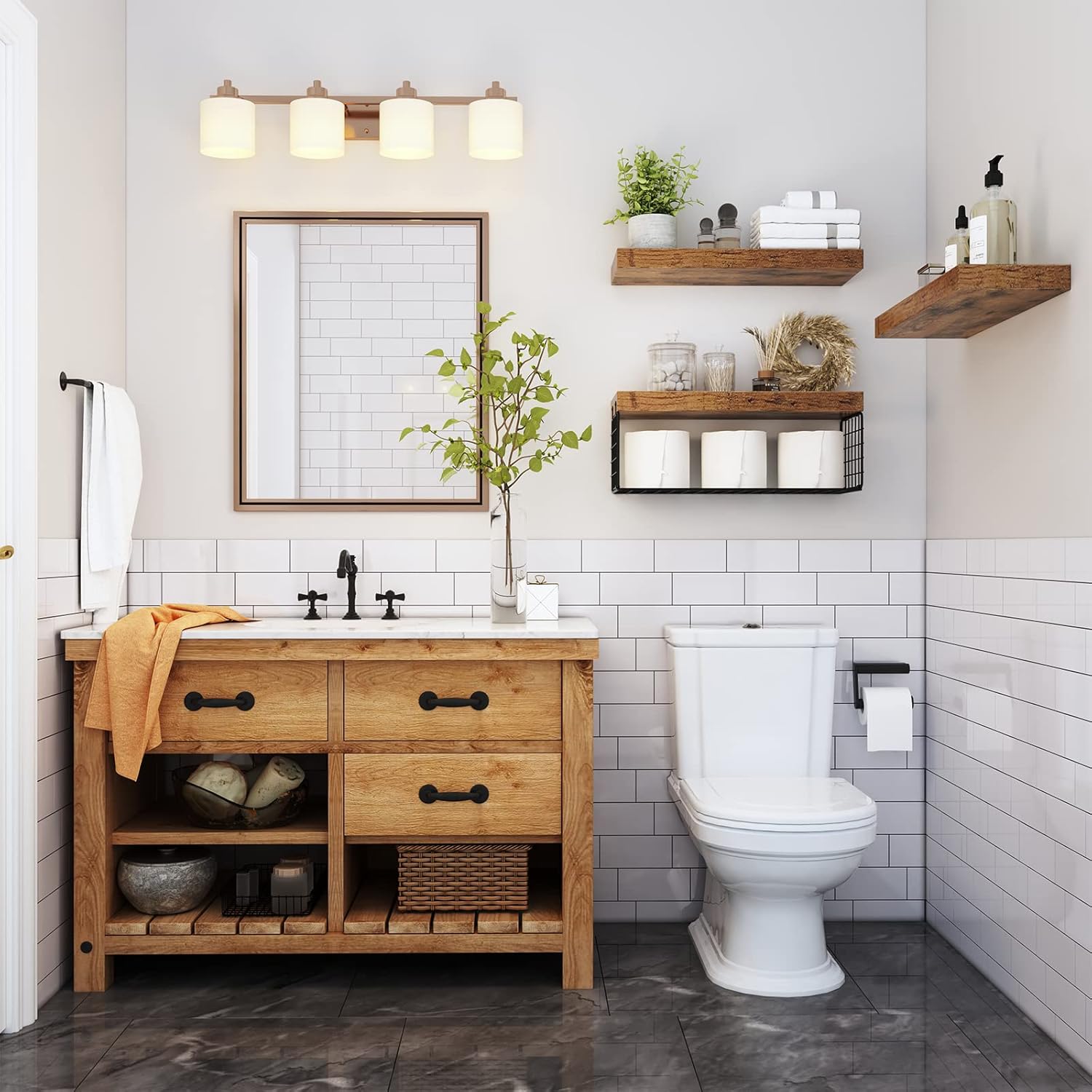 QEEIG Bathroom Shelves - Over Toilet Wall-Mounted Floating Storage | Rustic Brown Set of 3, 16 Inch