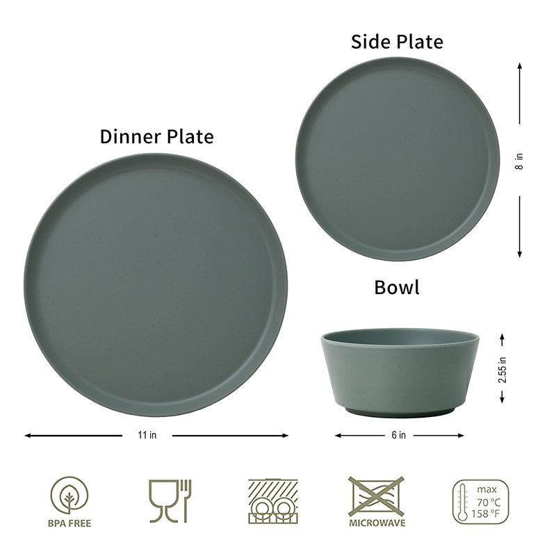 FINE&NICE 12Pcs Melamine Dinnerware Sets, Plates and Bowls Sets for 4, Unbreakable and Lightweight Dishes Set for Indoor and Outdoor Use, BPA Free, Dishwasher Safe (Sage Green)