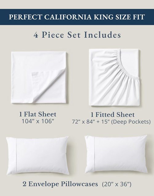 LANE LINEN 100% Organic Cotton California King Sheets Set - Ultra Soft 4-Piece Percale Bedding | Fits Mattresses Up to 15" Deep - White
