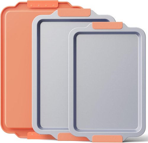 BRONYPRO Non-Stick Ceramic Baking Sheet Set | 3 Heavy-Duty Cookie Sheets - PFOA & PTFE Free, Coral