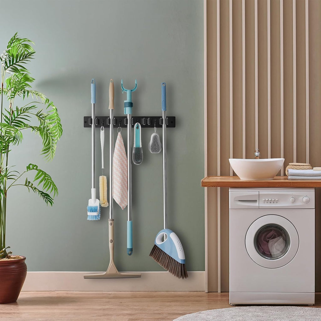 OUTNILI Mop and Broom Holder Wall Mount - Black Organizer Rack with 5 Slots & 4 Hooks for Garage, Kitchen, Laundry Room