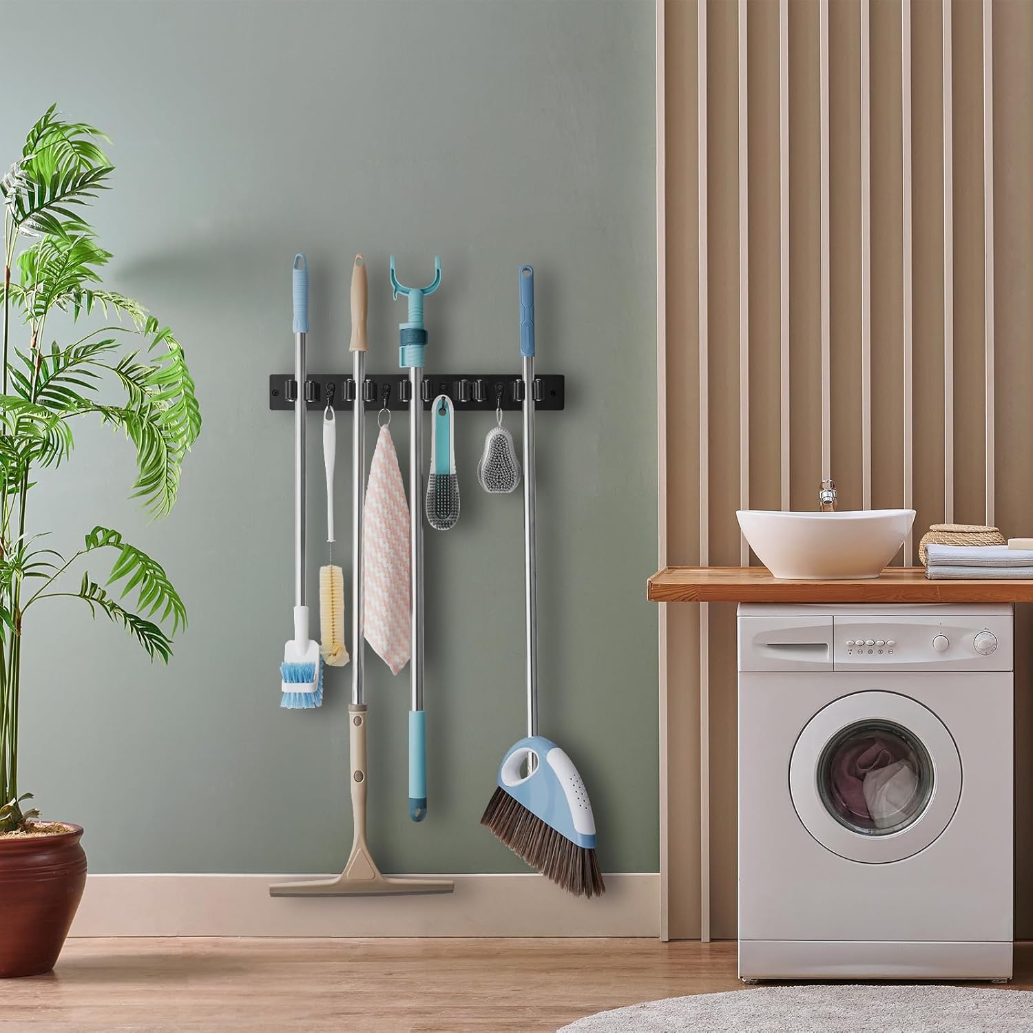OUTNILI Mop and Broom Holder Wall Mount - Black Organizer Rack with 5 Slots & 4 Hooks for Garage, Kitchen, Laundry Room