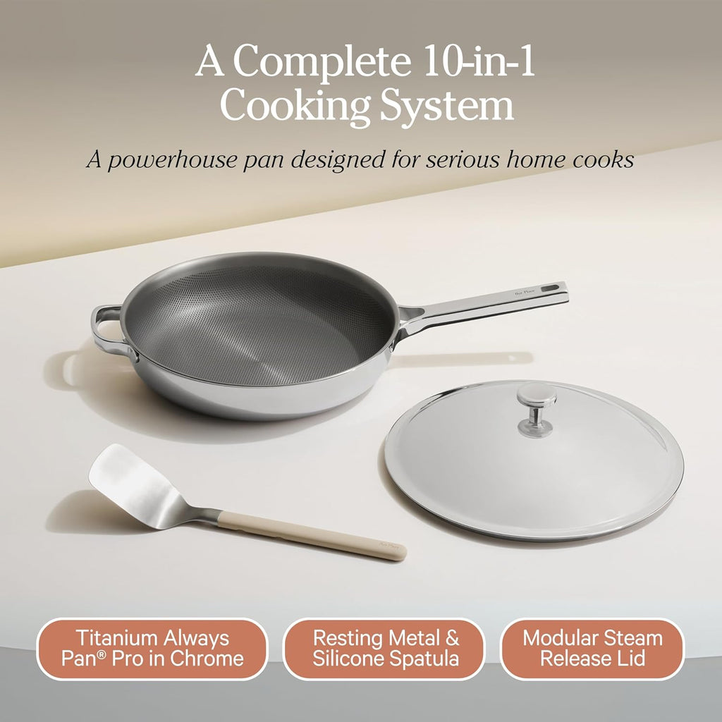 Our Place Titanium Always Pan Pro - 10.6" PFAS-Free Nonstick Frying Pan with Spatula | Chef-Grade Tri-Ply Stainless Steel & Aluminum | Induction & Oven-Safe up to 1000°F | Chrome Finish