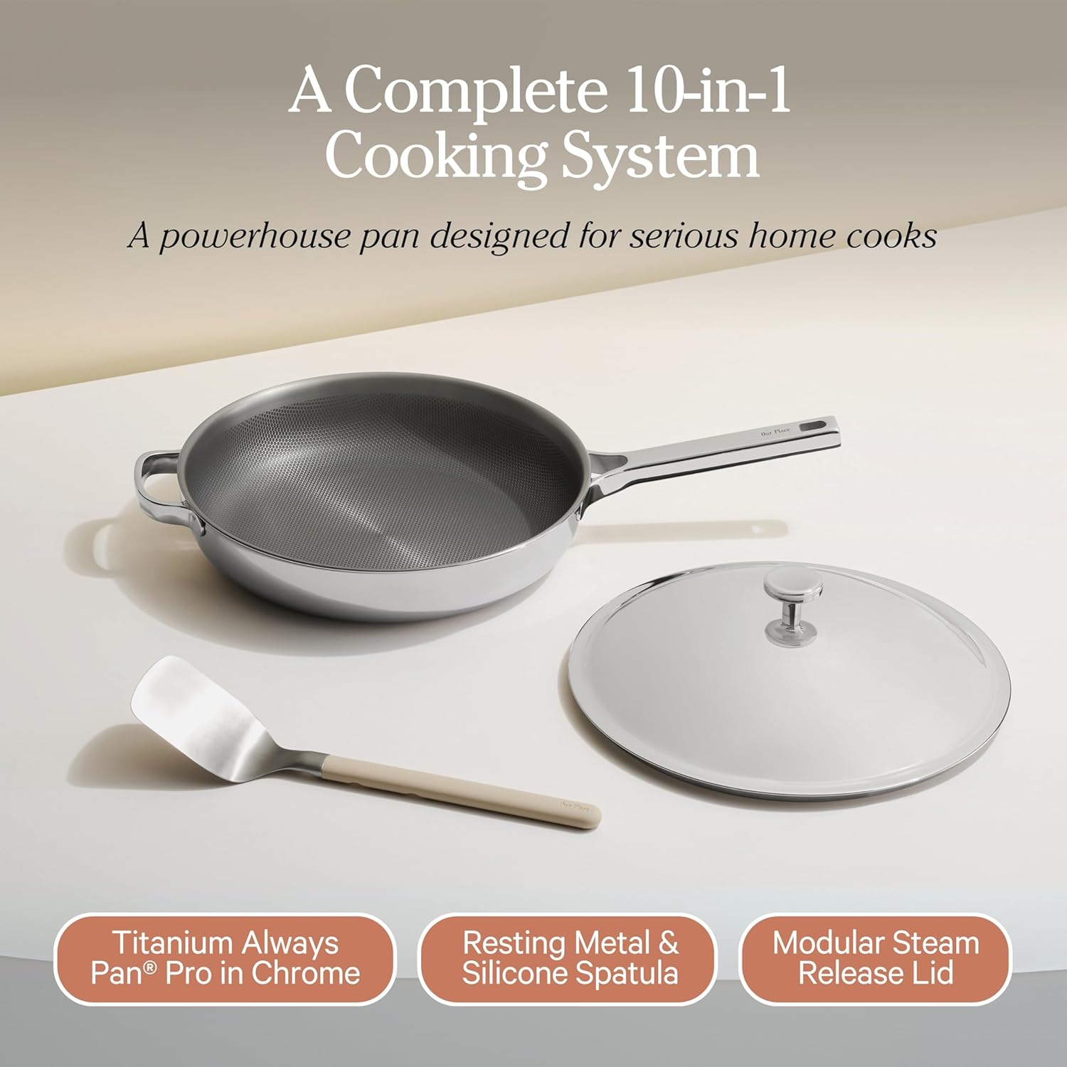 Our Place Titanium Always Pan Pro - 10.6" PFAS-Free Nonstick Frying Pan with Spatula | Chef-Grade Tri-Ply Stainless Steel & Aluminum | Induction & Oven-Safe up to 1000°F | Chrome Finish