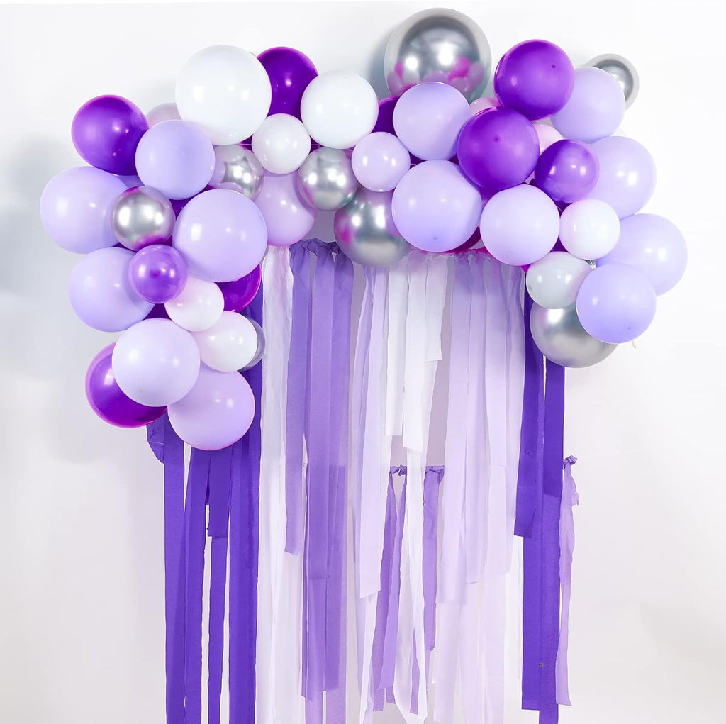 PartyWoo Purple Crepe Paper Streamers - 6pcs 492ft for Birthday & Graduation Decorations | Light & Dark Purple, Lavender, White, Silver