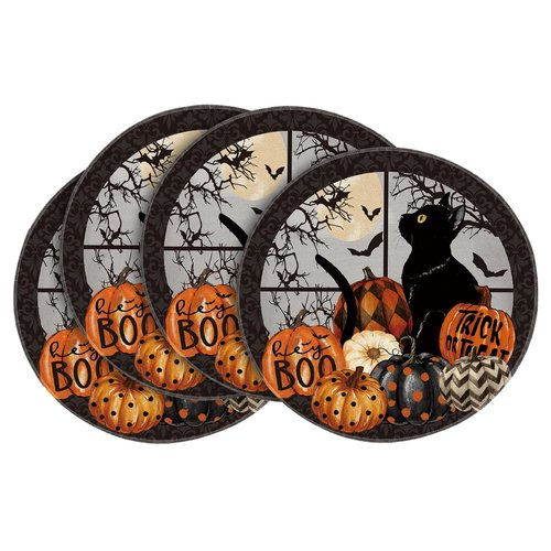 Artoid Mode Window Cat Halloween Round Placemats Set of 4, 14 Inch Table Mats for Party Kitchen Dining