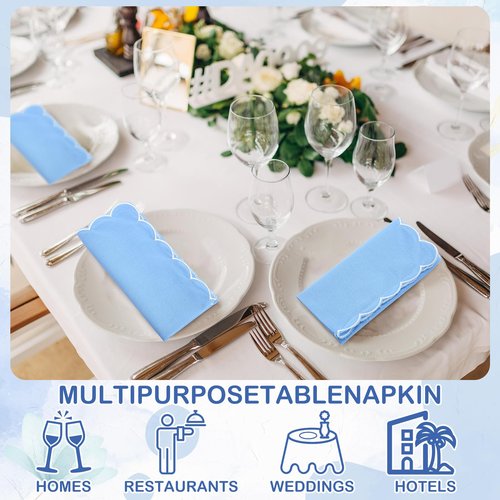 Mindsoft Wedding Cloth Napkins Scalloped Embroidered Dinner Napkins 100% Cotton Reusable Washable 18 x 18 Inch Decorative Table Napkin for Wedding Dinner Restaurant Party Decoration(Blue,8 Pcs)