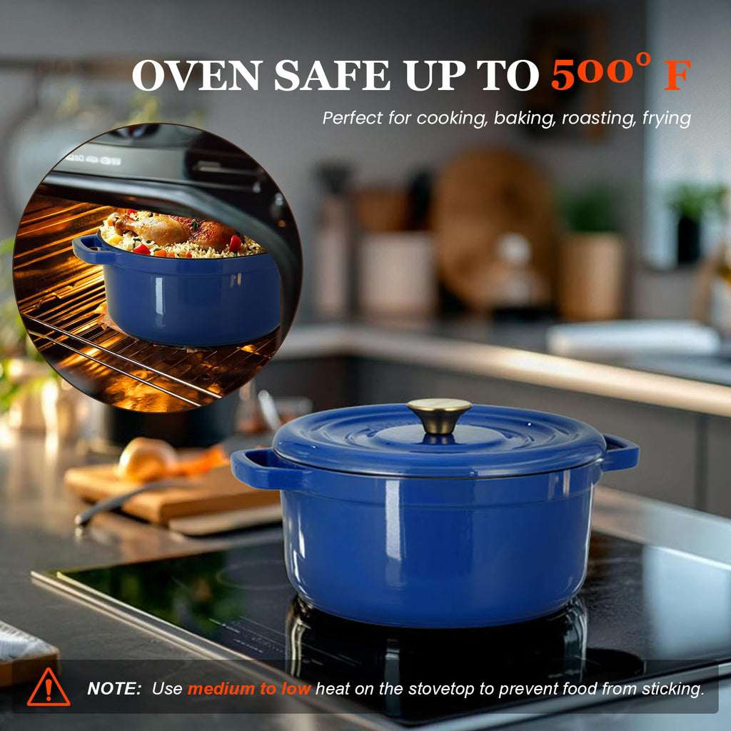 Overmont Enameled Cast Iron Dutch Oven - 5QT Pot with Lid Cookbook & Cotton Potholders - Heavy-Duty Cookware for Braising, Stews, Roasting, Bread Baking blue