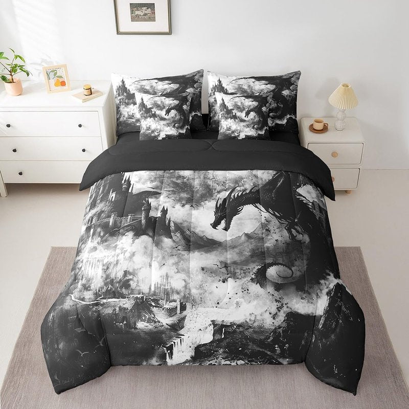 Erosebridal Gothic Dragon Bed in a Bag Queen Comforter Set 7 Piece,Black and White Vintage Fantasy Castle Bedding Sets Dark Sky Mythical Animal Sheet Set with Comforter