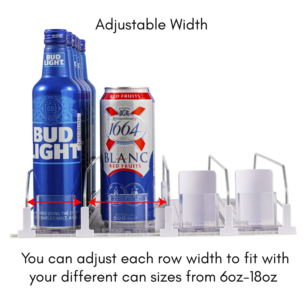 RULA Drink Organizer for Fridge, Self-Pushing Soda Can Dispenser for Refrigerator, Width Adjustable Water Bottle Pusher Glide - Holds up to 20 Cans (15" D, 4 Rows)
