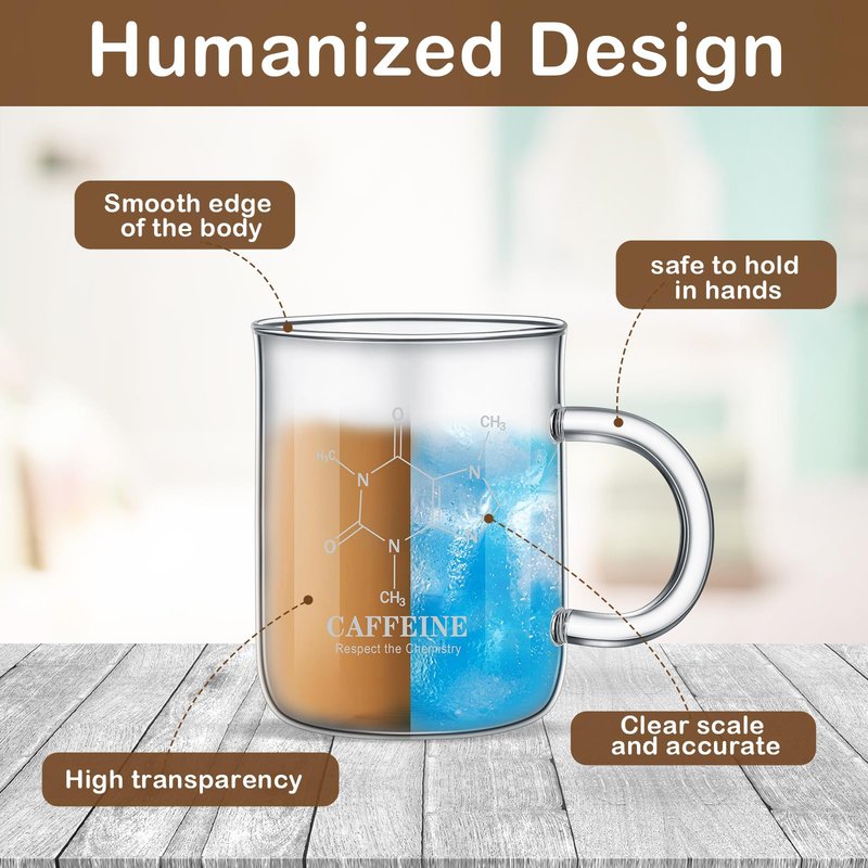 Hsei 4 Pack 16 oz Beaker Mug Caffeine Molecule Mug with Handle Laboratory Gifts Graduated Beaker Coffee Cup Borosilicate Glass Chemistry Cup, Measuring for Coffee, Latte, Tea, Hot Cold Beverage, 450ml