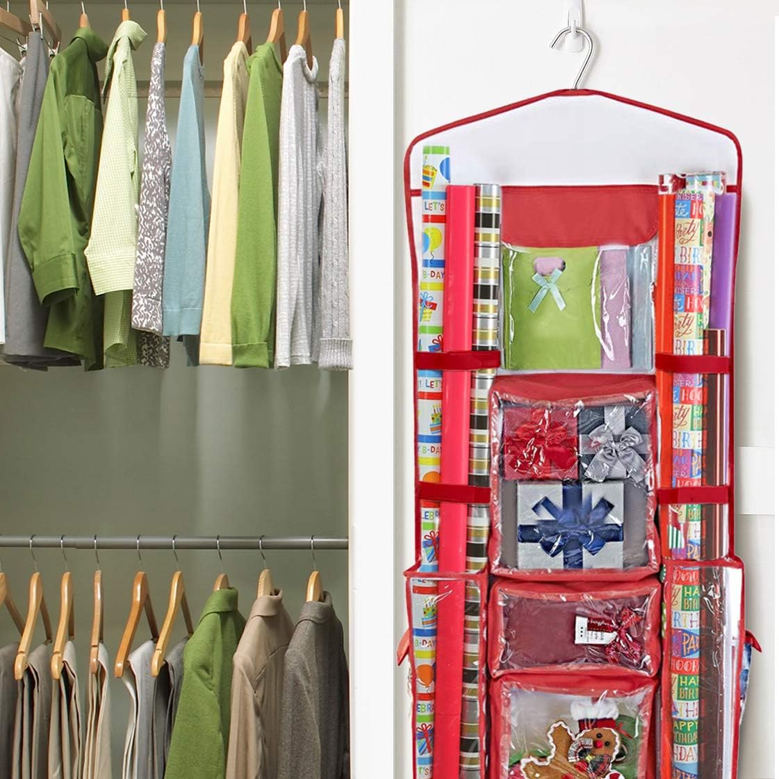 ProPik Wrapping Paper Storage Organizer - Double-Sided Design with Multiple Pockets, 40" x 17", Red