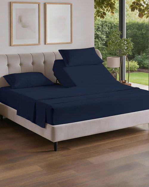 Flex Top Split Head King Sheet Set - Comfy Cooling Bed Sheets | Luxury Hotel Quality - Navy Blue