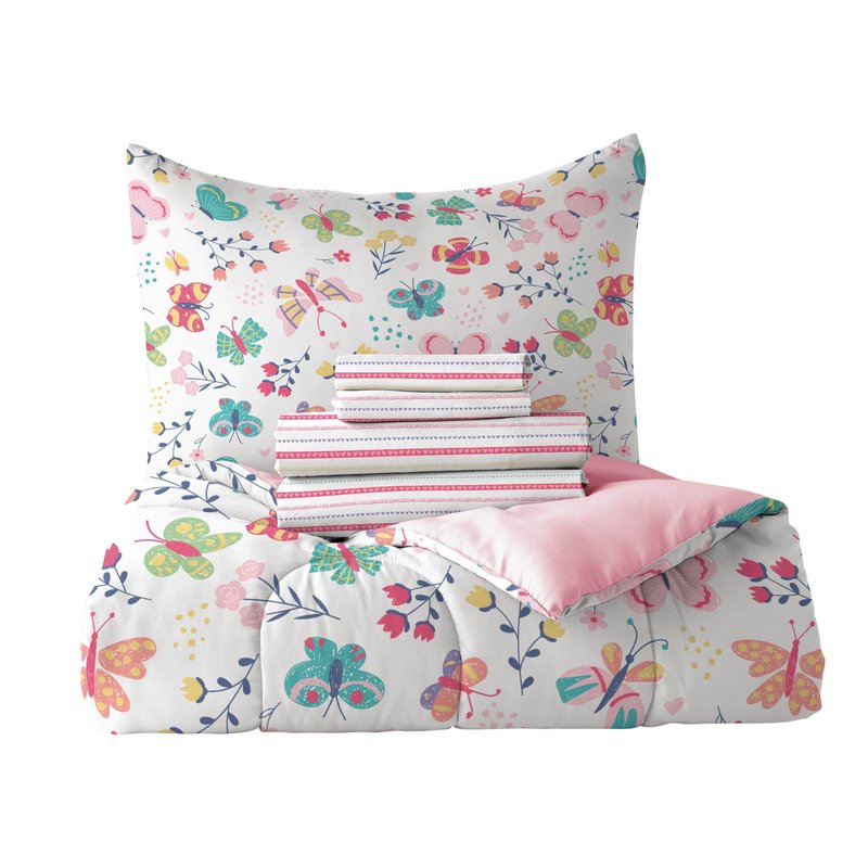 Dream Factory Kids 5-Piece Complete Bed Set Easy-Wash Super Soft Microfiber Comforter Bedding, Twin, Pink Butterfly Garden