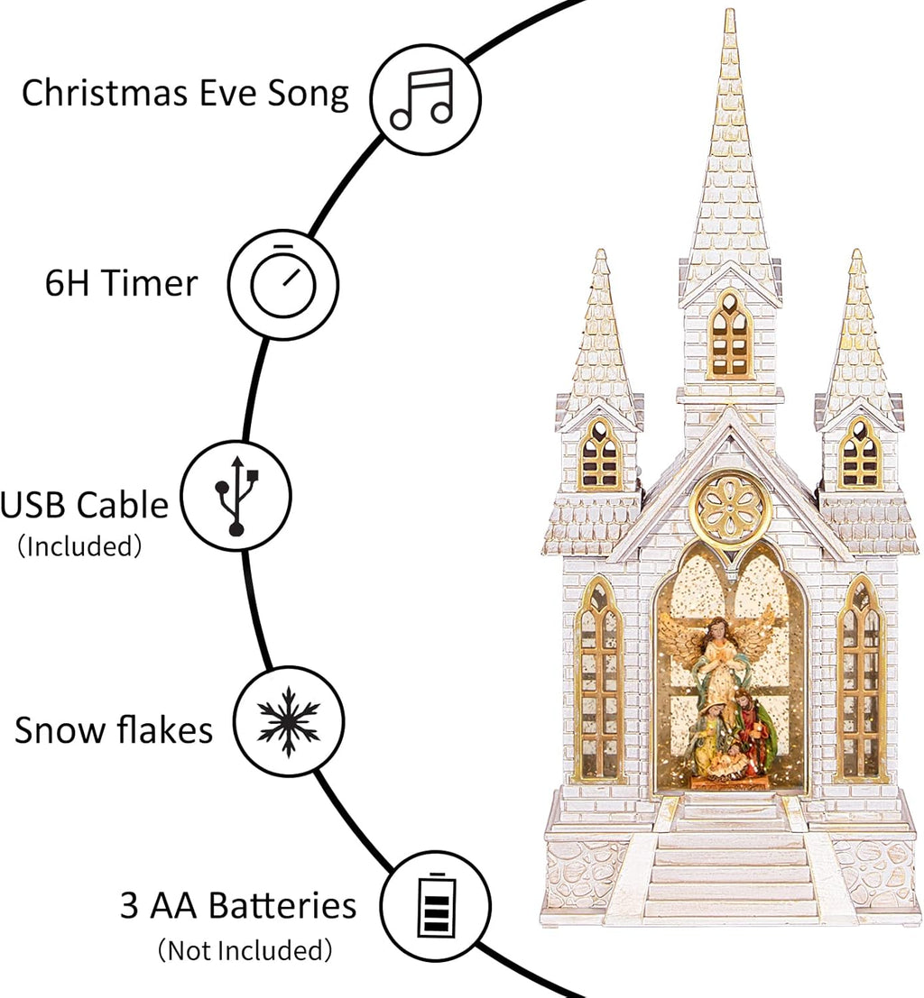 Skiennix Church Snow Globe | Lighted Christmas Lantern with Angel Nativity Scene & Music