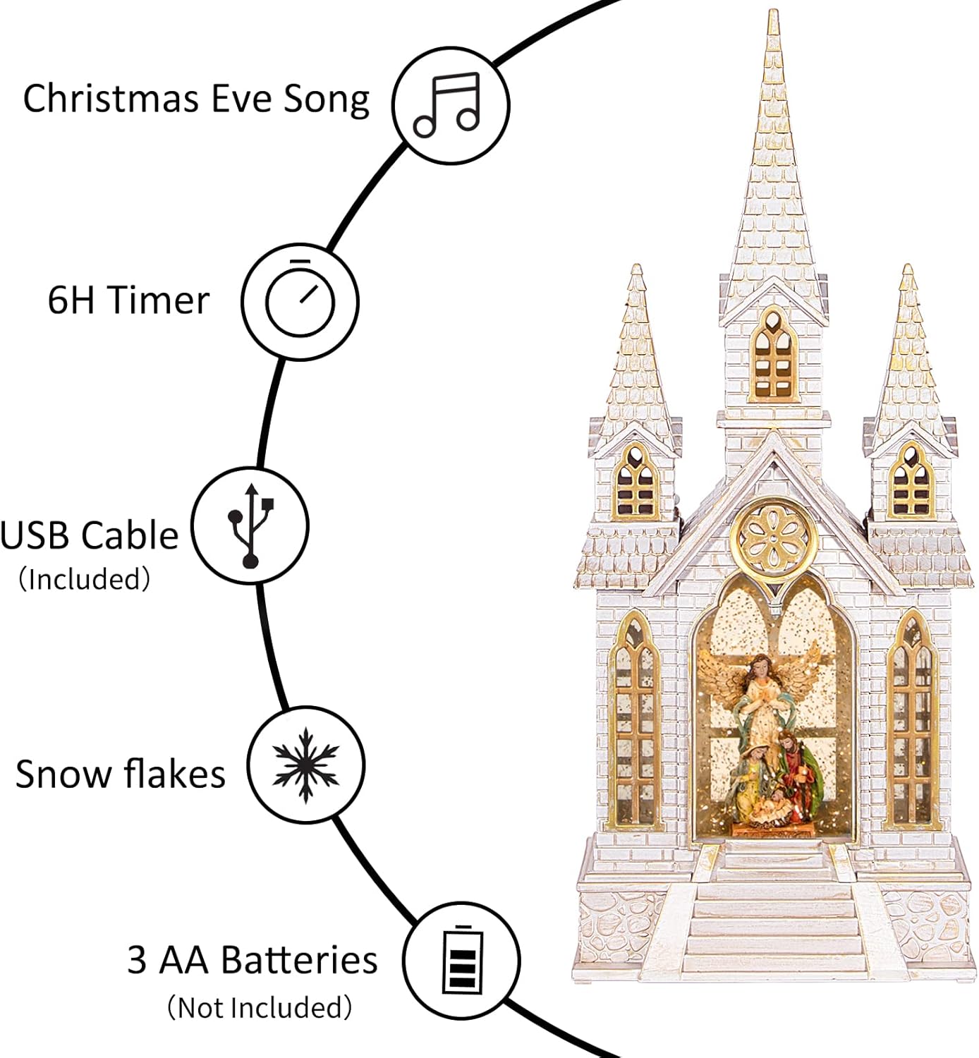 Skiennix Church Snow Globe | Lighted Christmas Lantern with Angel Nativity Scene & Music