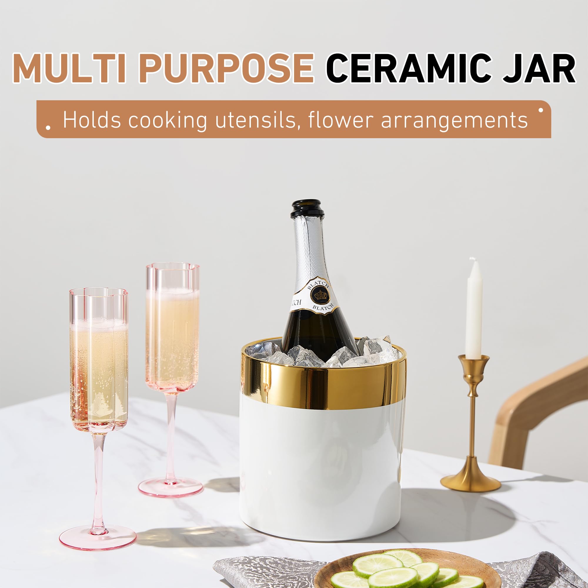 Modern Ceramic Kitchen Utensil Holder - White with Gold Rim with Non-Slip Base - Elegant Caddy for Cooking Tools and Serveware