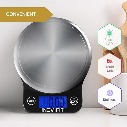 INEVIFIT Digital Kitchen Scale - Accurate Multifunction Food Scale Up to 13 lbs | Modern Black & Stainless Steel Finish