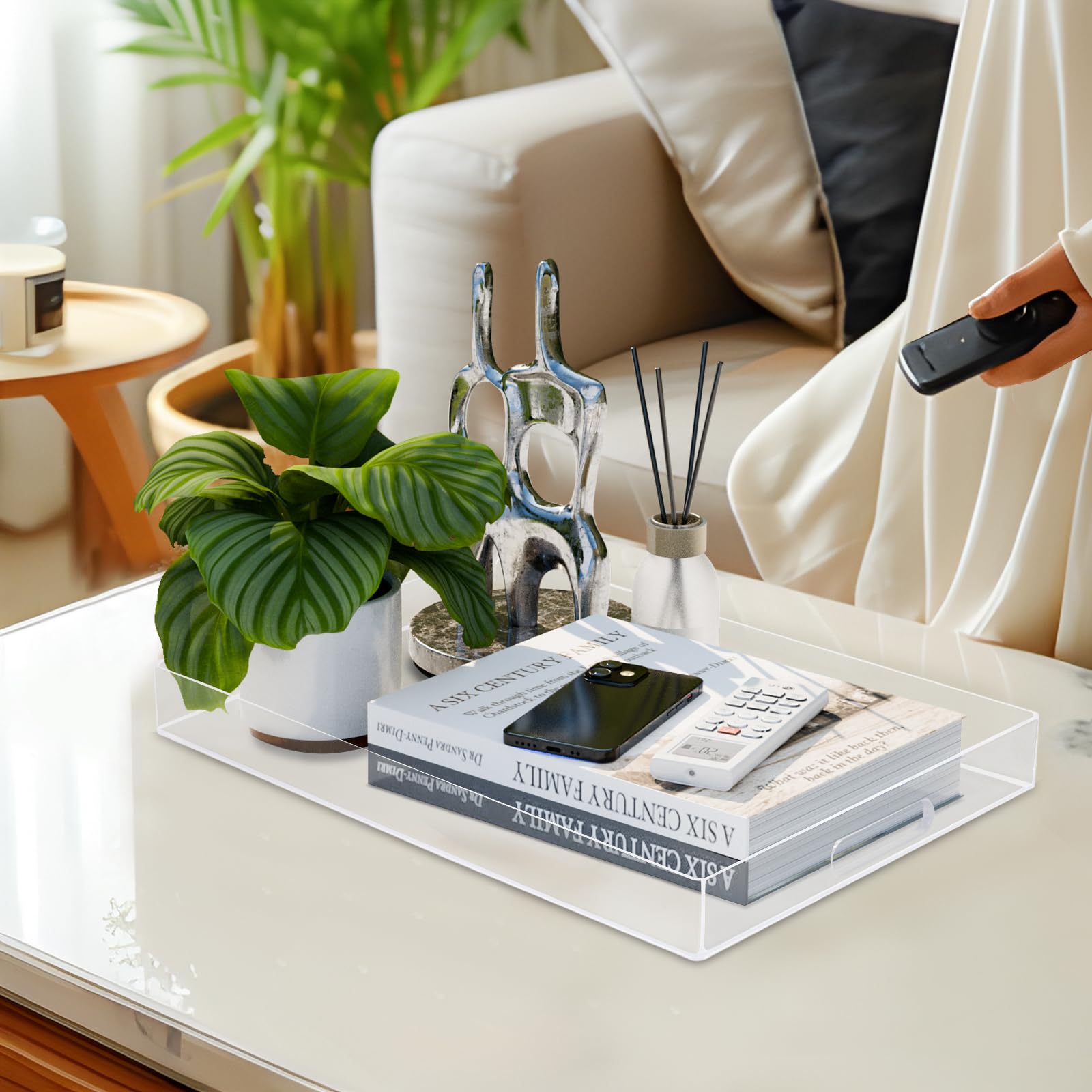 MAONAME Clear Serving Tray with Handles, Plastic Clear Tray, Rectangle Decorative Trays for Coffee Table, Ottoman, Bathroom, Vanity, 15.7" Lx 10.2" W X 1.57" H