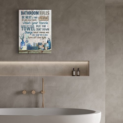 Rustic Bathroom Rules Sign - Navy Blue Wall Art, 16x24 inch Framed Modern Artwork for Toilet & Laundry Room Decor