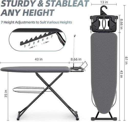KINGBOARD Ironing Board - Compact Full-Size Design with Extra Thick Cover & 7 Adjustable Heights | 13x43 Black