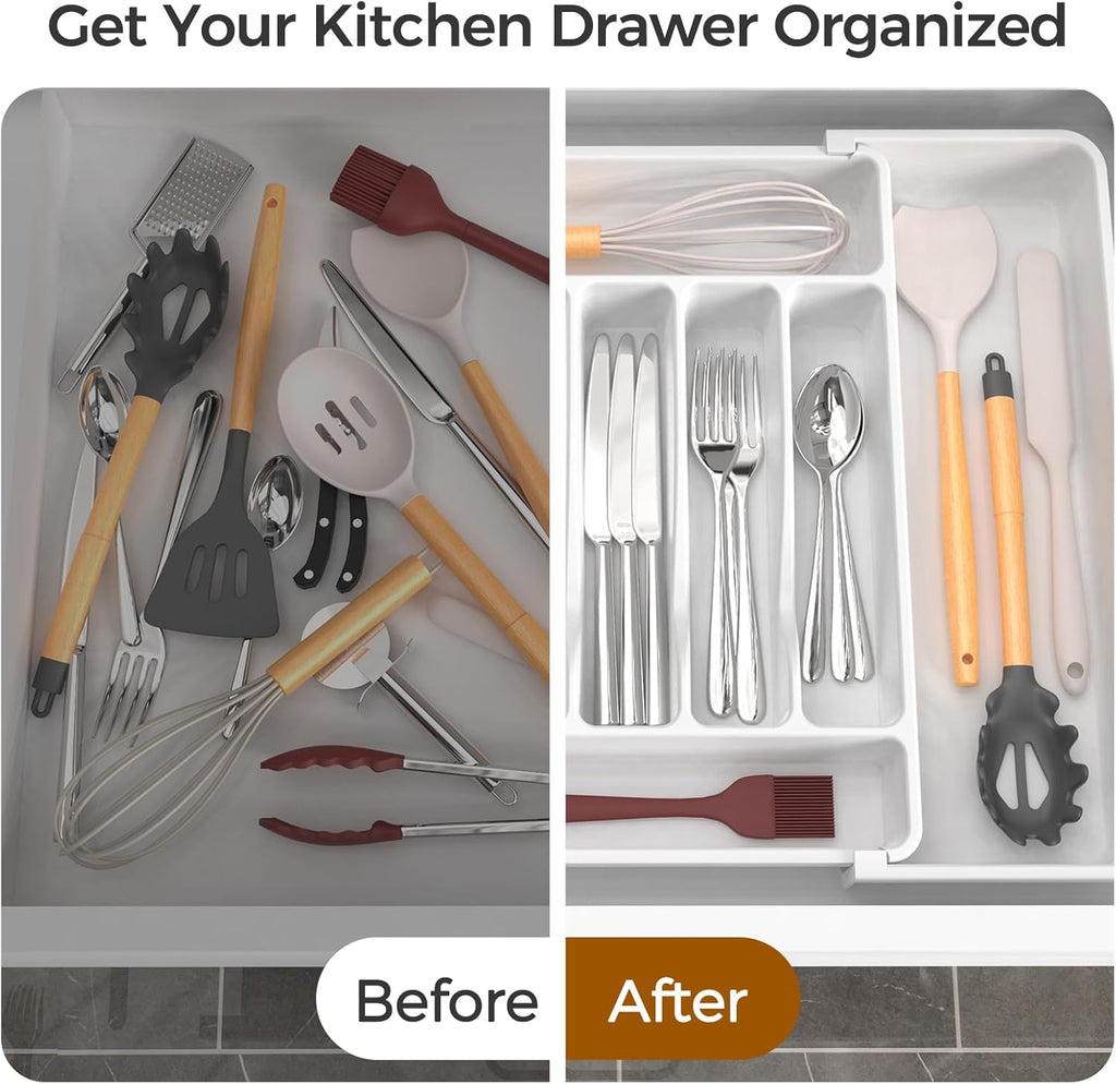 Ukeetap Extra Large Expandable Silverware Organizer - BPA-Free Cutlery Holder for Kitchen Drawers | White