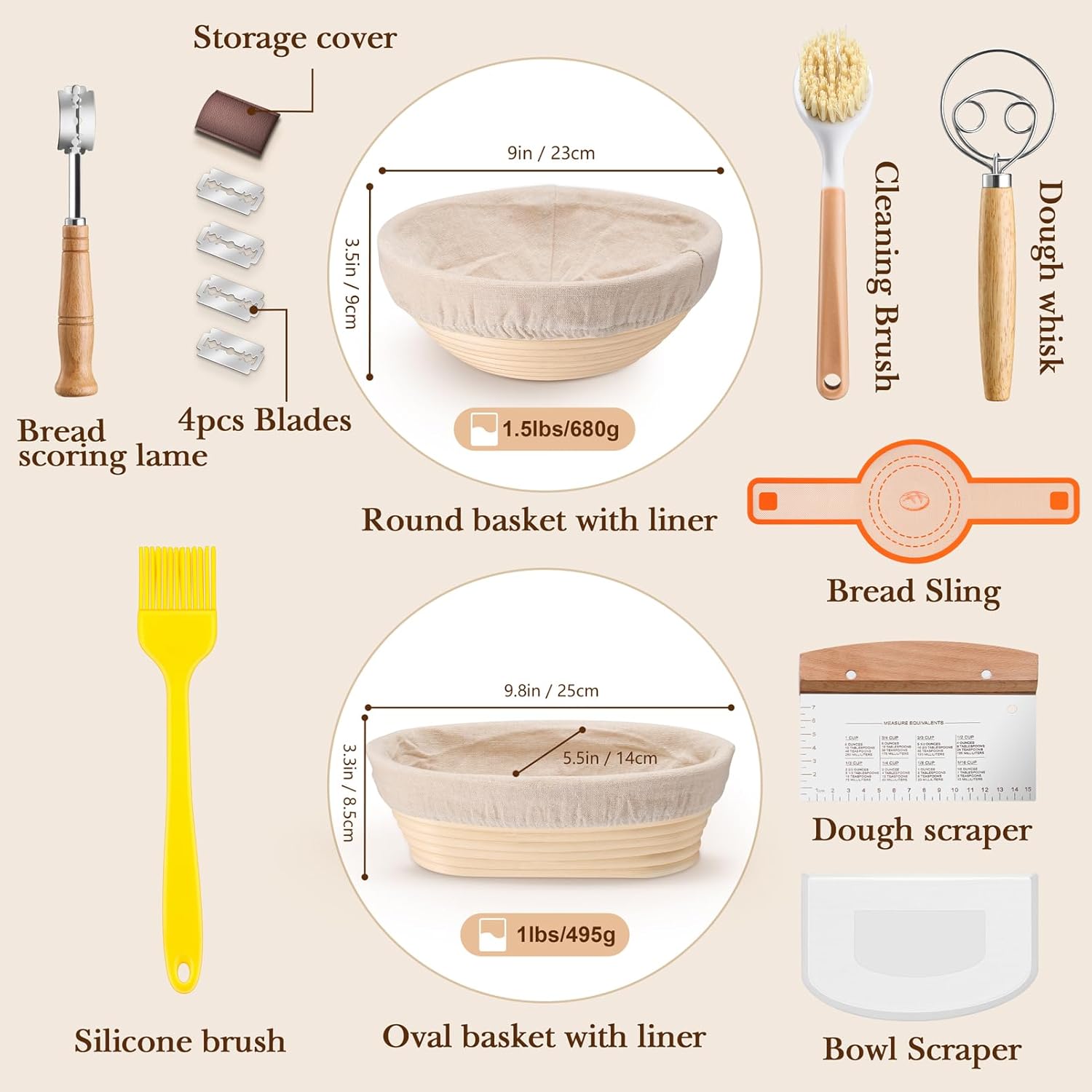 TeamFar Sourdough Bread Baking Kit - 9” Round & 10” Oval Proofing Baskets with Cloth Liner & Tools