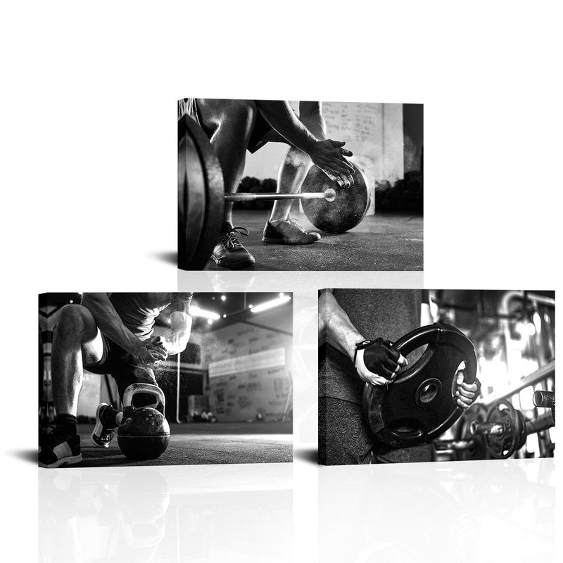 RnnJoile 3 Piece Gym Canvas Wall Art Barbell Painting Prints Black White Sport Picture Framed Ready to Hang 16" x20 (Medium)
