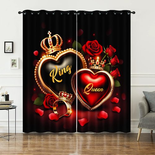AILONEN Red Rose Romantic Hearts Love Window Curtain,King and Queen Crown Couple Decor Window Drapes(2 Panels) for Room 52" W x 84" H