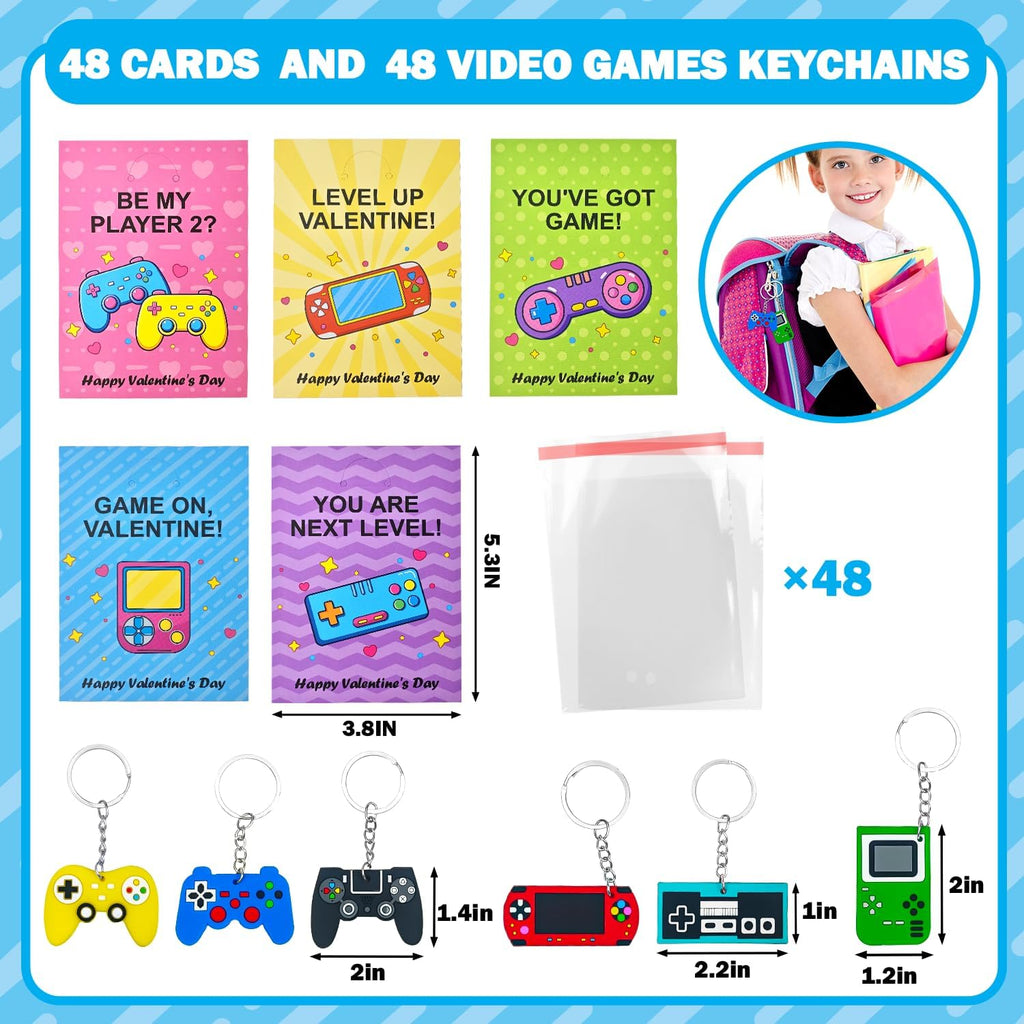 Skiennix Valentine's Non-Candy Gifts - 48 Pack Video Game Keychains & Exchange Cards for Kids