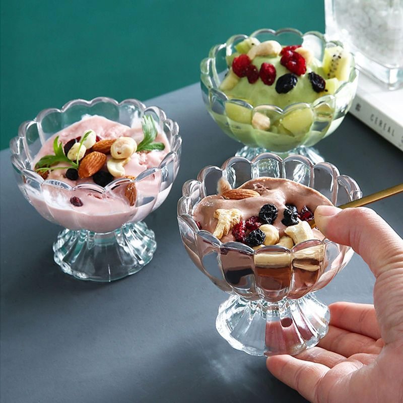 DNIENKGE Iced Cream Dessert Bowl，Set of 9，6oz Vintage Glass ware with Heavy Base, Drinking Cup for Sundae, Fruit, Ice Cream, Snack, Condiment (9)