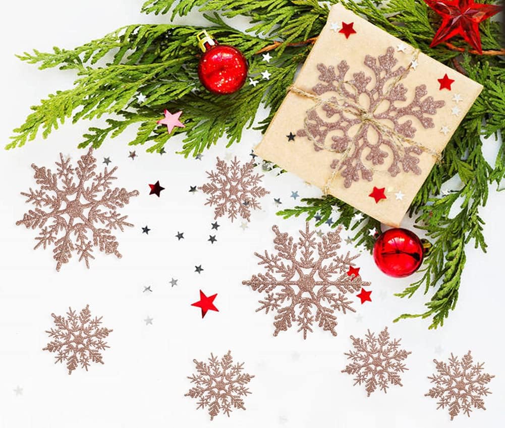 Regine Switzerland 36pcs Christmas Rose Gold Snowflake Ornaments - Glittery Winter Tree Decor