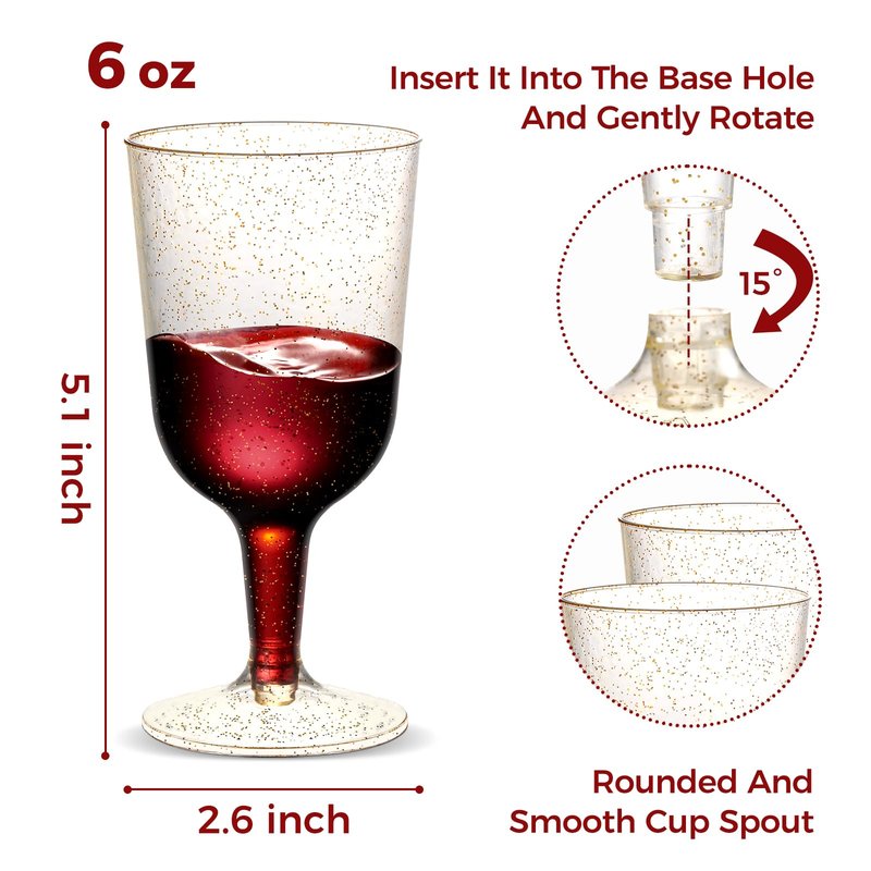 TENYASEN 30 Pack 6oz Plastic Wine Glasses – Disposable Gold Glitter Mini Stemware with Removable Base for Weddings, Parties, Champagne, Toasting