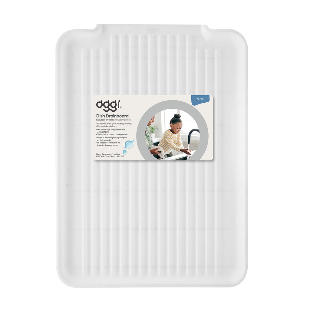 Oggi Dish Drain Board and Drying Rack Tray for Kitchen Counter, Plastic Drainboard with Raised Ridges, 12.75 x 17.25 inches - White