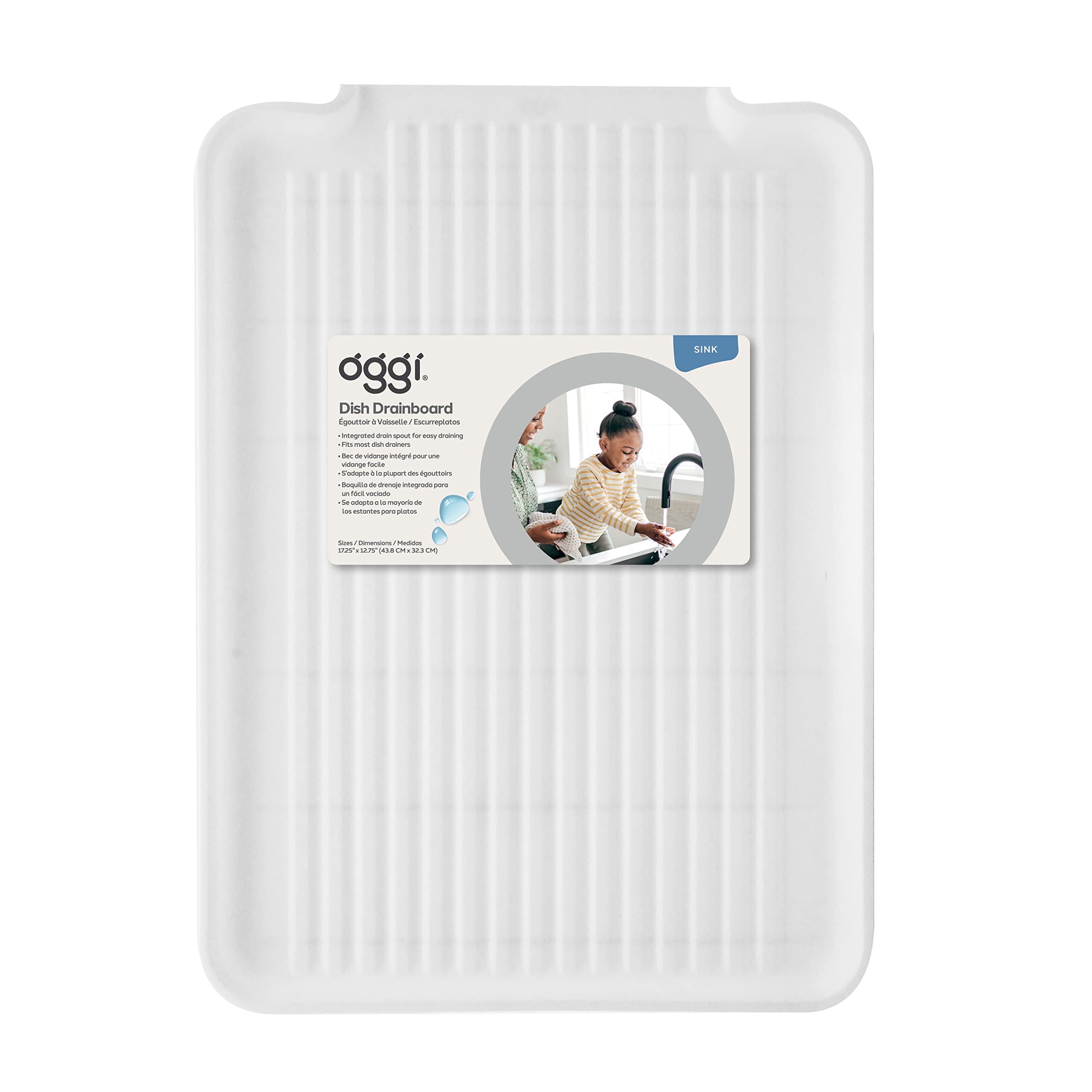 Oggi Dish Drain Board and Drying Rack Tray for Kitchen Counter, Plastic Drainboard with Raised Ridges, 12.75 x 17.25 inches - White