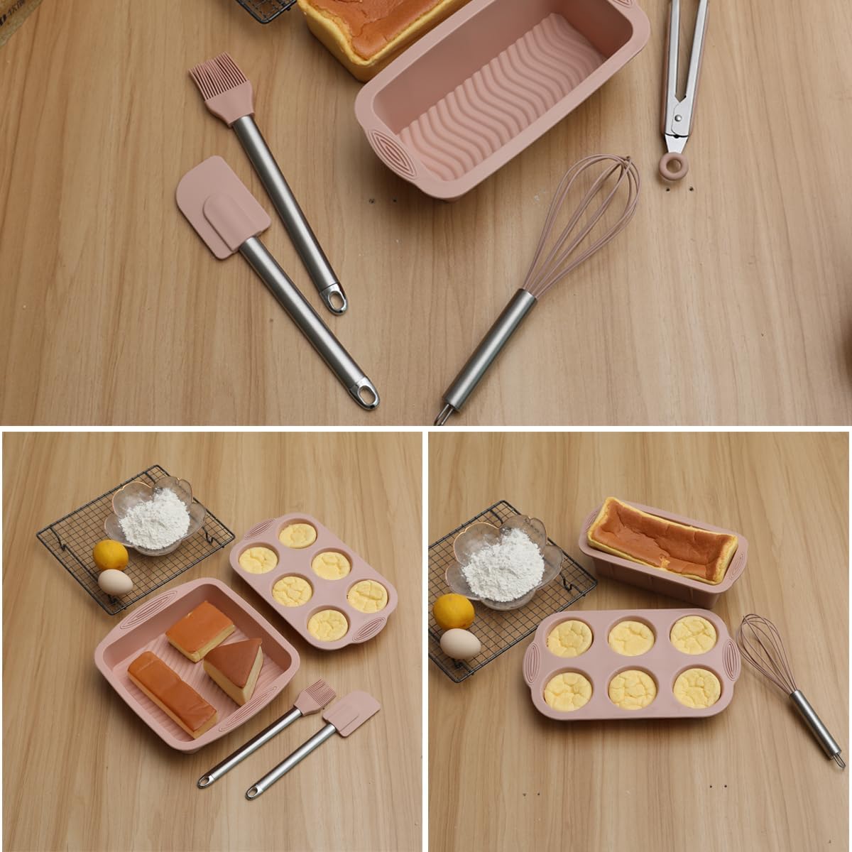 Skiennix 10-in-1 Nonstick Silicone Baking Set - BPA Free Heat Resistant Molds for Muffins, Loaves, and More (Pink)