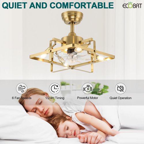ECOBRT 16" Gold Ceiling Fan with Light and Remote, Flush Mount Indoor, 6-Speed Reversible Motor for Bedroom, Living Room, Kitchen