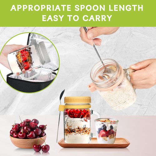 ANOTION Overnight Oats Containers with Lids and Spoons - 16 oz Mason Jars with Handle Set of 4 - Airtight Glass Meal Prep Containers for Oats Overnight, Yogurt Oatmeal Cereal Pudding Cups with Lids
