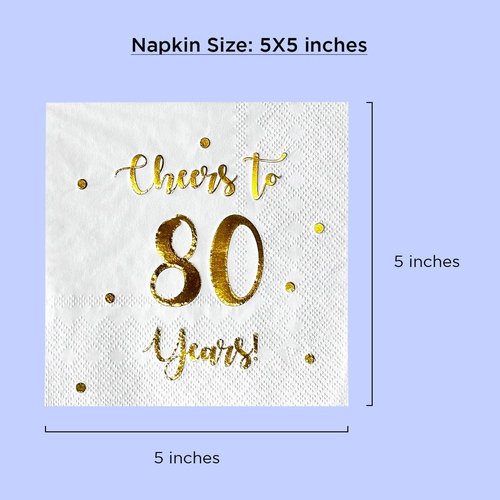 Cheers to 80 Years Cocktail Napkins - 50-Pack 3-Ply White Napkins for 80th Birthday & Anniversary Celebrations | 5 x 5 Inch