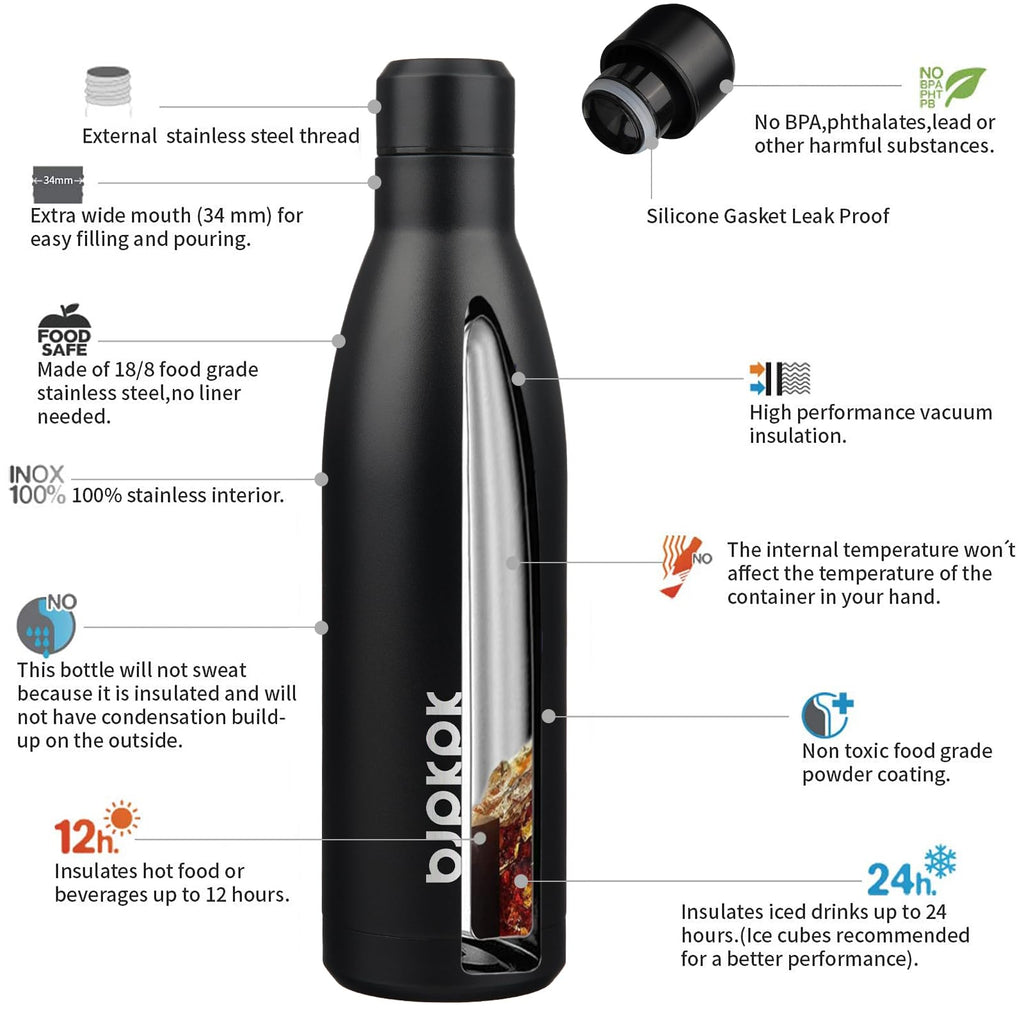 BJPKPK 25oz Insulated Water Bottle Double Wall Vacuum Insulated Stainless Steel Water Bottles for Spots Keep Cold and Hot,Midnight Black