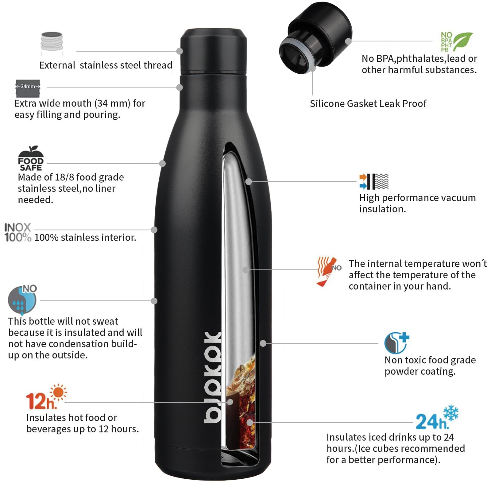BJPKPK 25oz Insulated Water Bottle Double Wall Vacuum Insulated Stainless Steel Water Bottles for Spots Keep Cold and Hot,Midnight Black