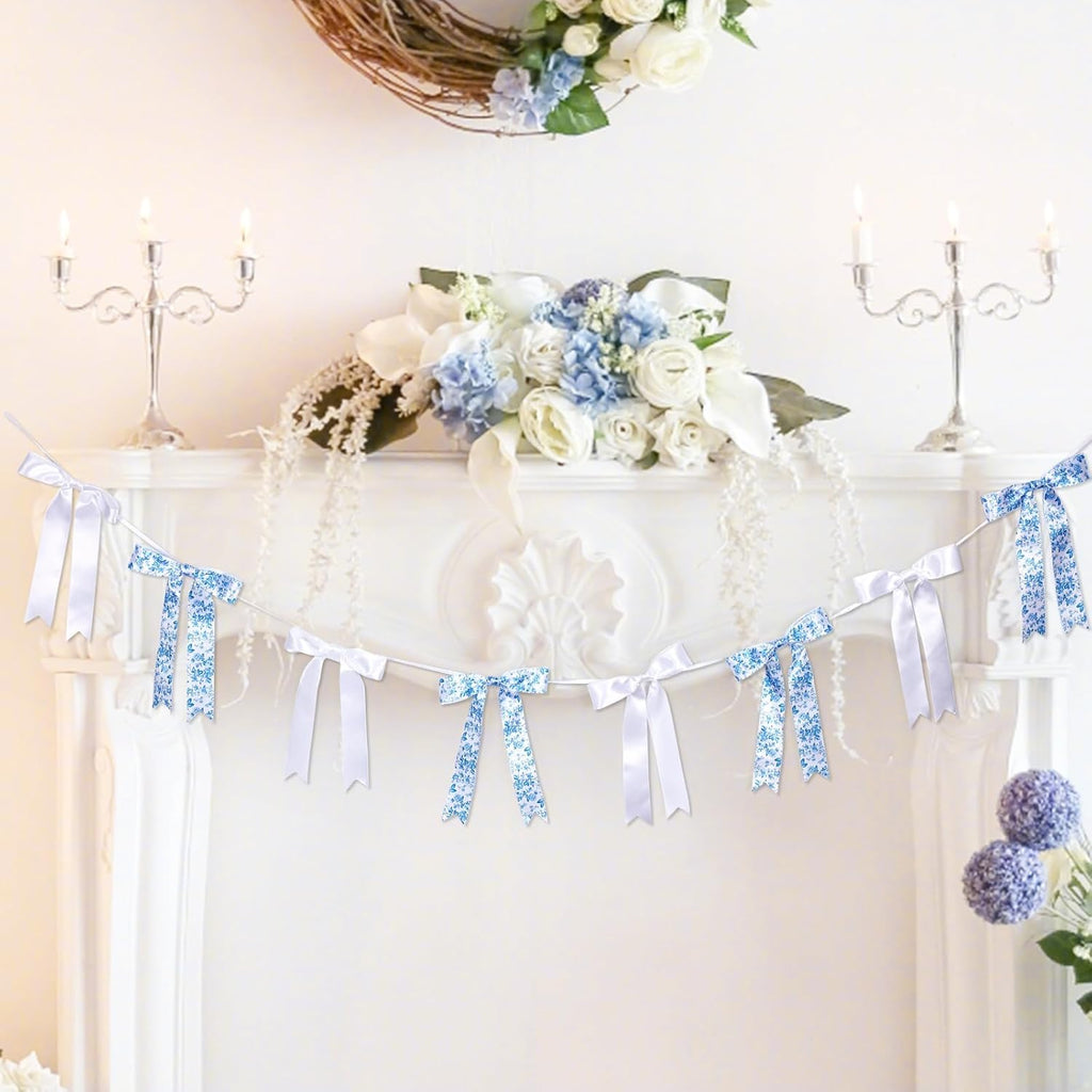 Vintage Floral Bow Garland - 6.65 Ft Blue & White Satin Ribbon Banner for Weddings & Parties
