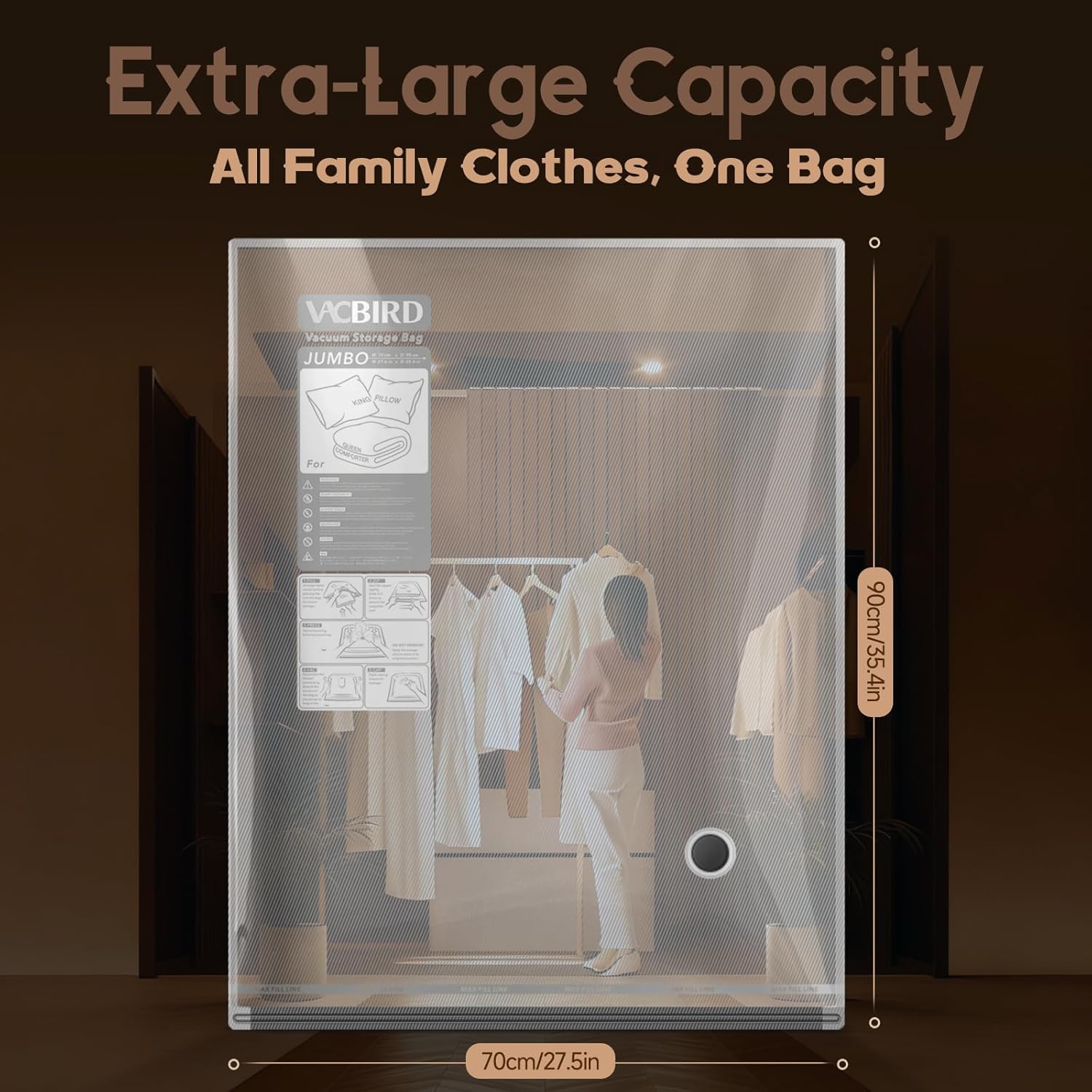 Vacbird Vacuum Bags - Travel Compression Packing Bags with Rechargeable Air Pump | Jumbo Size for Luggage & Suitcase