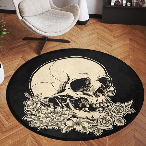keepcute Round Skull Area Rug 5ft - Skull Rose Flower Black Round Carpet Non-Slip Rug Washable Floor Mats for Kitchen Bedroom Living Room, 5' x 5' Round