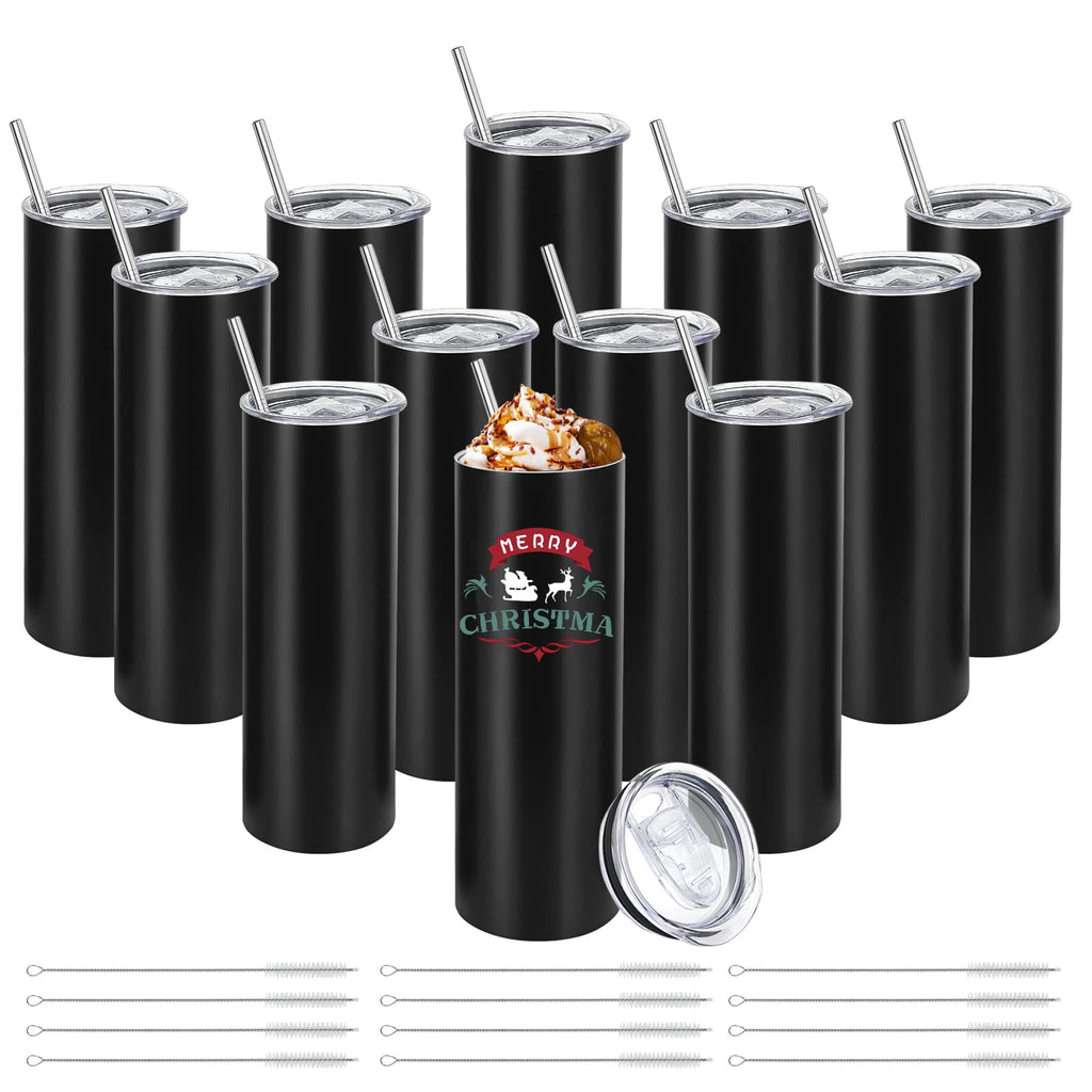YOUKE OLA 12 Pack Stainless Steel Skinny Tumblers Bulk Straight Double Wall Insulated Tumbler with Lid and Straw for, DIY, Black, 20oz