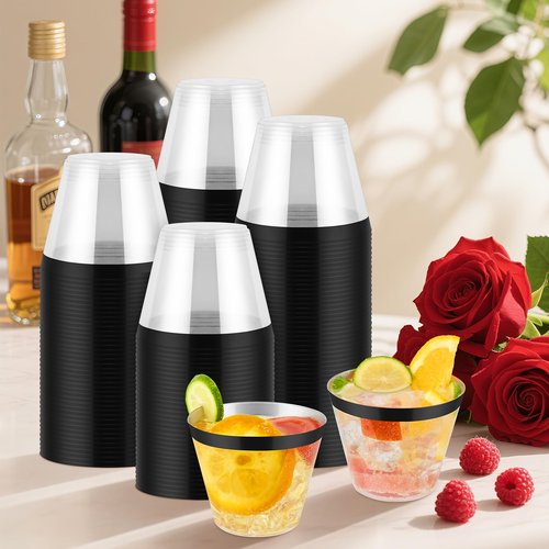 pyntop 100pcs Black and Clear Plastic Cups, 9oz Plastic Cups Black Rimmed Disposable Cocktail Glasses Fancy Disposable Cup Drinking Tumblers Shot Cup for Wedding Party