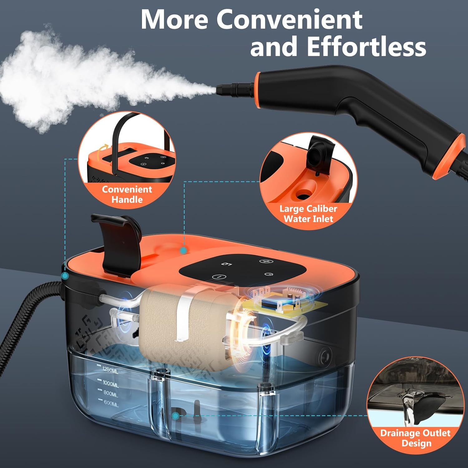 Skiennix Portable Steam Cleaner - Handheld Steamer with 16 Accessories, 6-Level Adjustable, 15s Heat-Up, Ideal for Home & Car Detailing - Orange