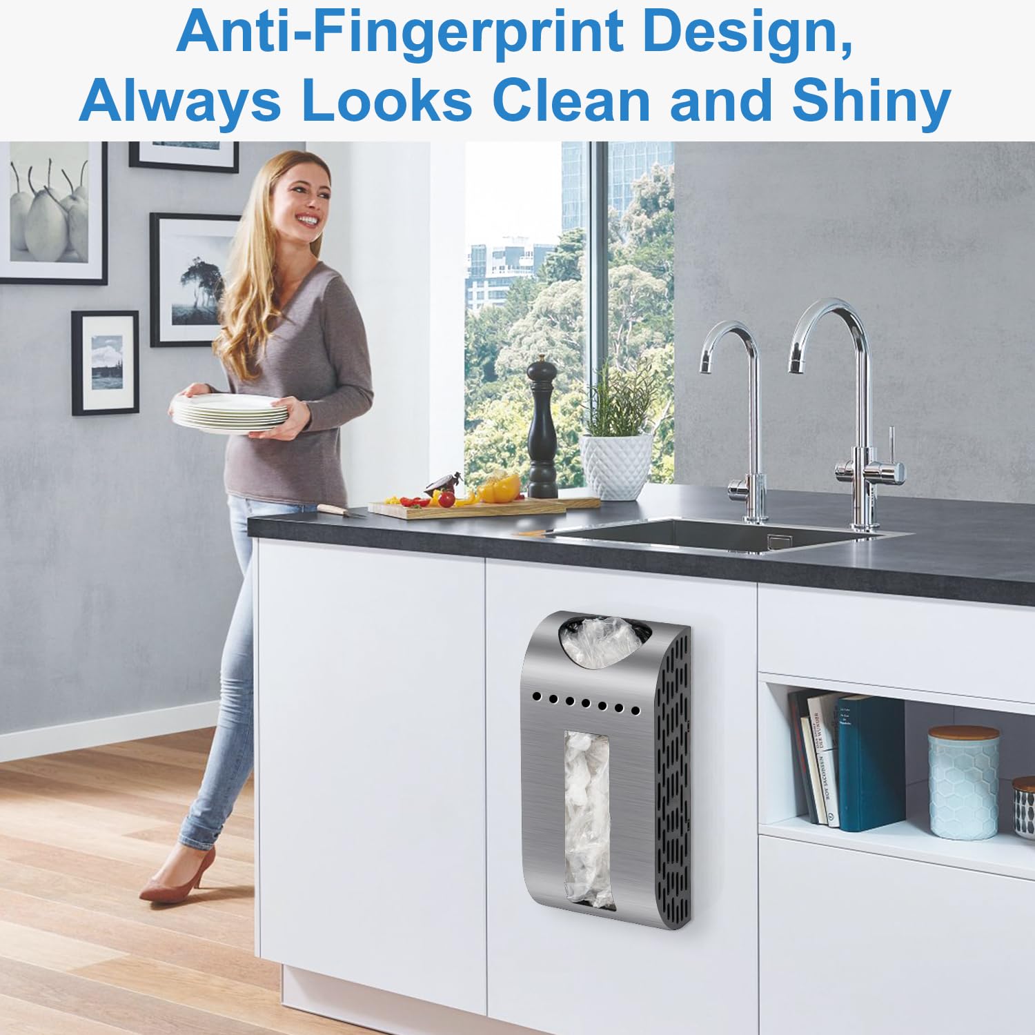 LEWONO Grocery Bag Holder Wall Mount Plastic Bag Dispenser Space Saving Brushed Silver Garbage Bag Holder for Cabinet, Cupboard, Pantry, Anti-Fingerprints Design